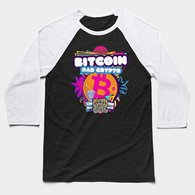 Bitcoin Rad Crypto 1990s 80s Kawaii Purple Pink Vaporwave Baseball T-Shirt by MapYourWorld